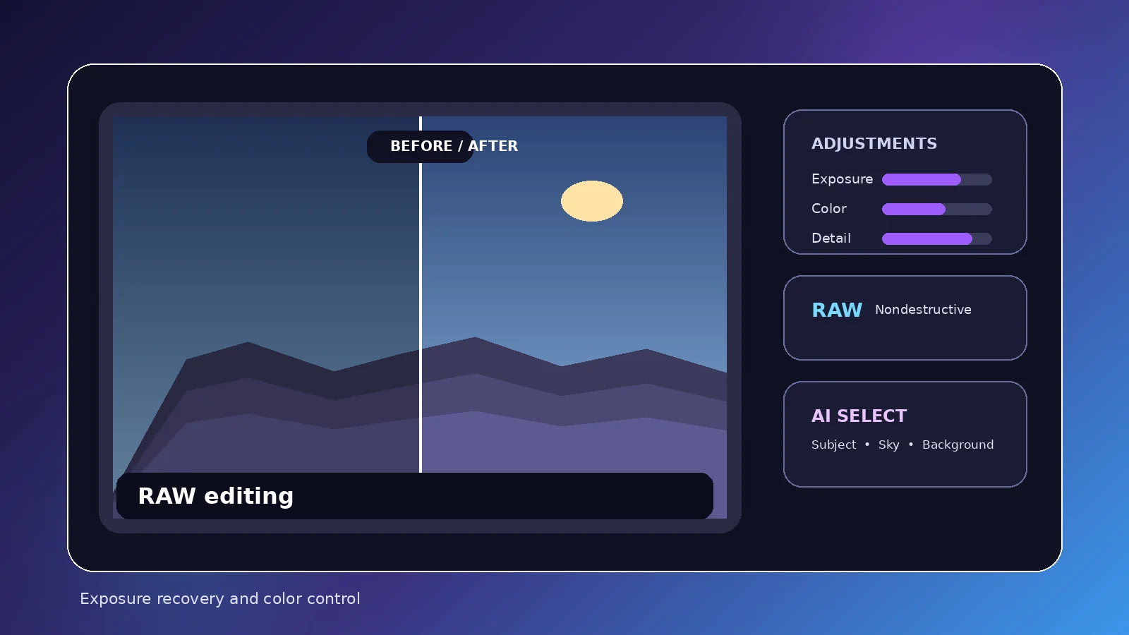 Original RAW editing before-and-after illustration with editing controls