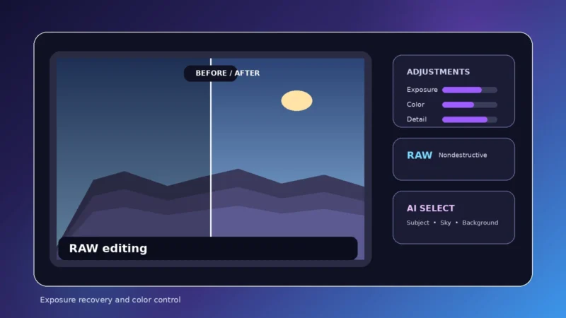 Original RAW editing before-and-after illustration with editing controls